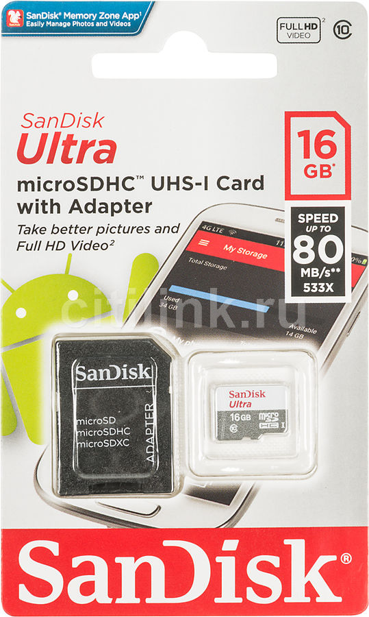 Карта памяти microSDHC UHS-I SANDISK Ultra 80 16 ГБ, 80 МБ/с, 533X, Class 10, SDSQUNS-016G-GN3MA, 1 шт., переходник SD silicon power elite microsdhc 16gb uhs i class 10 карта памяти адаптер