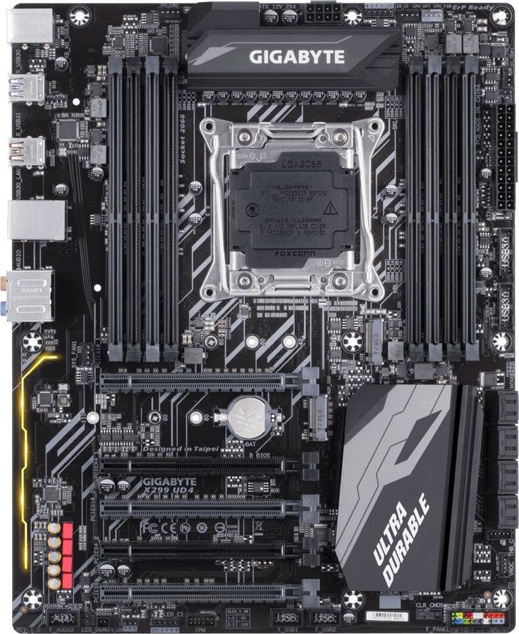 Материнская плата GIGABYTE X299 UD4 LGA 2066, ATX, Ret Материнская плата GIGABYTE X299 UD4 LGA 2066, ATX, RetМатеринские платы<br>гнездо процессора: LGA 2066; чипсет Intel X299; память DDR4 - 8слота; частотой до 2400МГц; поддержка: SLI/CrossFire; SATA RAID, тип поставки: Ret; ATX<br>