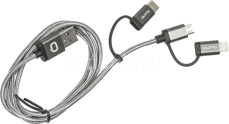 Кабель QUMO USB 2.0 - Lightning/microUSB/USB Type-C, 1м, черный [22036]