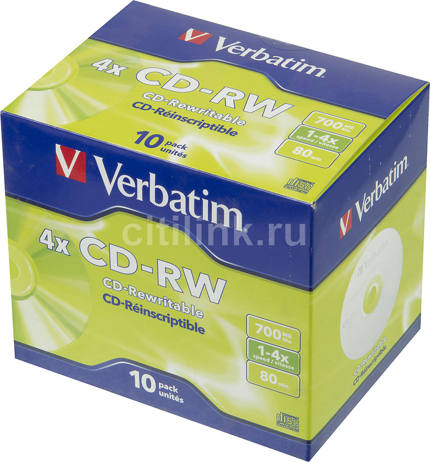 Оптический диск CD-RW VERBATIM 700Мб 4x, 10шт., jewel case [43123]