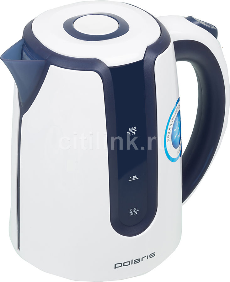 Чайник электрический POLARIS PWK 1754 CLWR, 2200Вт, белый и синий Чайник электрический POLARIS PWK 1754 CLWR, 2200Вт, белый и синийЧайники электрические<br>мощность - 2200Вт; объем - 1.7л; корпус - пластик; фильтр от накипи, цвет - белый<br><br>Цвет: белый