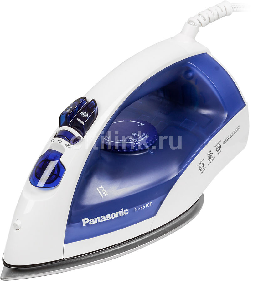 Утюг PANASONIC NI-E510TDTW, 2320Вт, белый/ синий Утюг PANASONIC NI-E510TDTW, 2320Вт, белый/ синийУтюги<br>пароувлажнение; мощность: 2320Вт; паровой удар: 84г; емкость для воды: 200мл; подошва: Round-Ride; самоочистка от накипи; цвет: белый и синий<br><br>Цвет: белый и синий