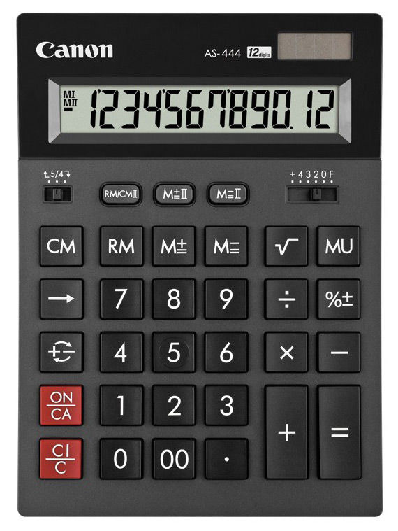 Калькулятор CANON AS-444, 12-разрядный, черный Калькулятор CANON AS-444, 12-разрядный, черныйКалькуляторы<br>разрядность дисплея: 12-разрядный; бухгалтерский; цвет: черный<br>