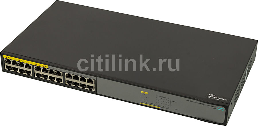 Коммутатор HPE 1420-24G-PoE+, JH019A Коммутатор HPE 1420-24G-PoE+, JH019AКоммутаторы<br>неуправляемый, монтируемый в 19 стойку, порты 1000Base-T(Gigabit Ethernet): 24 шт., PoE бюджет: 124Вт<br>