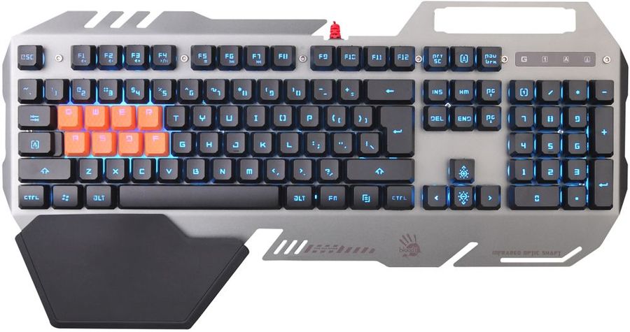 Клавиатура A4 Bloody B418, USB, c подставкой для запястий, серый Клавиатура A4 Bloody B418, USB, c подставкой для запястий, серыйКлавиатуры<br>интерфейс: USB, мультимедийная, классической формы, подставка для запястий, подсветка клавиш, для геймеров<br><br>Цвет: оранжевый и черный