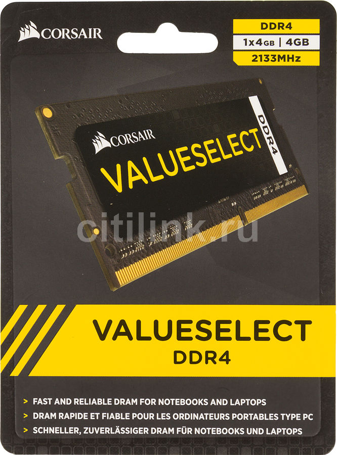 Модуль памяти CORSAIR CMSO4GX4M1A2133C15 DDR4 - 4Гб 2133, SO-DIMM, Ret Модуль памяти CORSAIR CMSO4GX4M1A2133C15 DDR4 - 4Гб 2133, SO-DIMM, RetМодули памяти<br>260-pin; частота: 2133; латентность: CL15; форм-фактор: SO-DIMM; тип поставки: Ret<br>