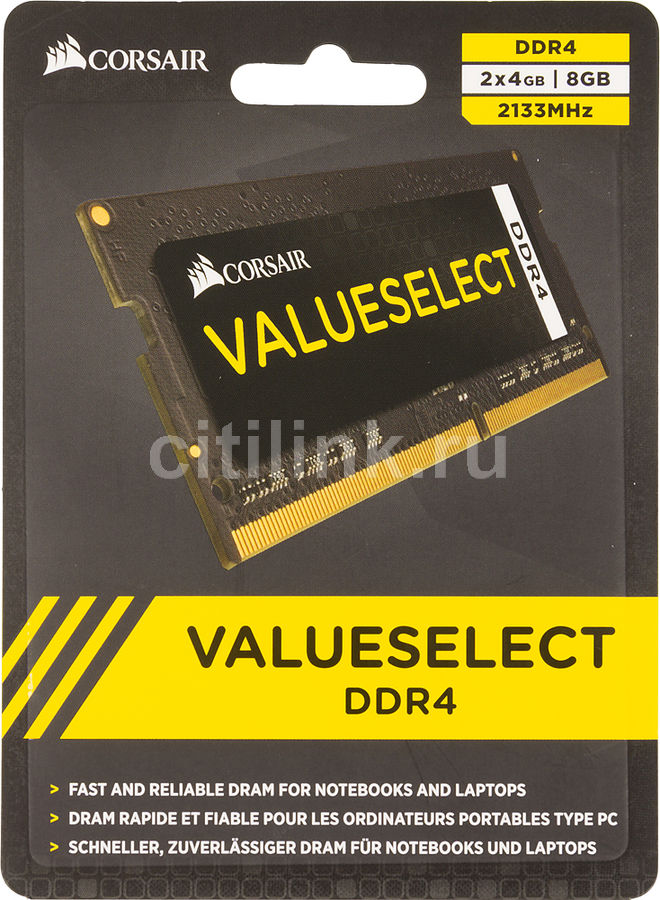 Модуль памяти CORSAIR CMSO8GX4M2A2133C15 DDR4 - 2x 4Гб 2133, SO-DIMM, Ret Модуль памяти CORSAIR CMSO8GX4M2A2133C15 DDR4 - 2x 4Гб 2133, SO-DIMM, RetМодули памяти<br>260-pin; частота: 2133; латентность: CL15; форм-фактор: SO-DIMM; комплект модулей для идеальной совместной работы, тип поставки: Ret<br>