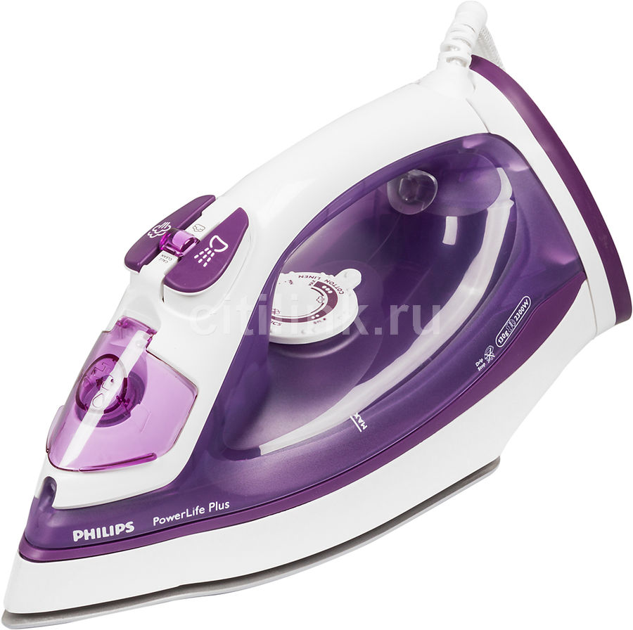 Утюг PHILIPS GC2982/30, 2300Вт, фиолетовый/ белый Утюг PHILIPS GC2982/30, 2300Вт, фиолетовый/ белыйУтюги<br>пароувлажнение; мощность: 2300Вт; паровой удар: 130г; емкость для воды: 300мл; подошва: Steam Glide; цвет: фиолетовый и белый<br><br>Цвет: фиолетовый и белый