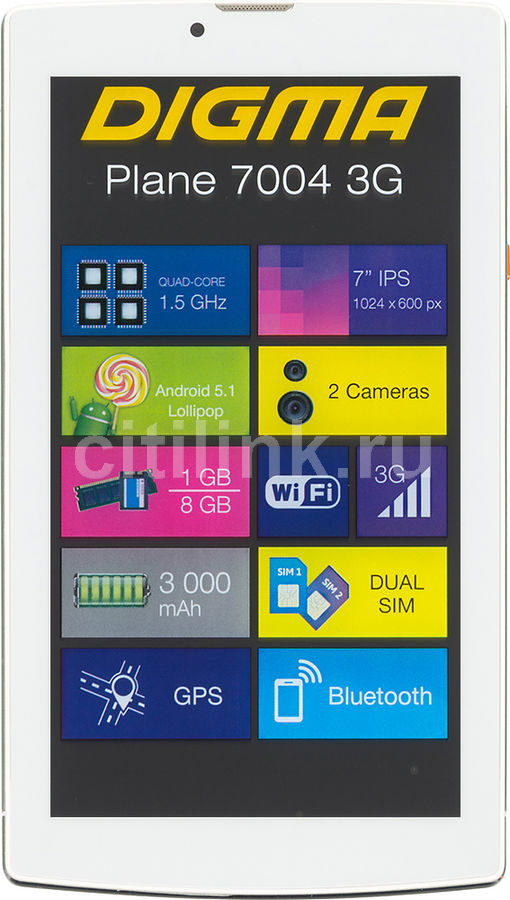 Планшет Digma Plane 7004 3G White SC7731 1.5GHz/1024Mb/8Gb/3G/Wi-Fi/Bluetooth/Cam/7.0/1024x600/Android Планшет Digma Plane 7004 3G White SC7731 1.5GHz/1024Mb/8Gb/3G/Wi-Fi/Bluetooth/Cam/7.0/1024x600/Android