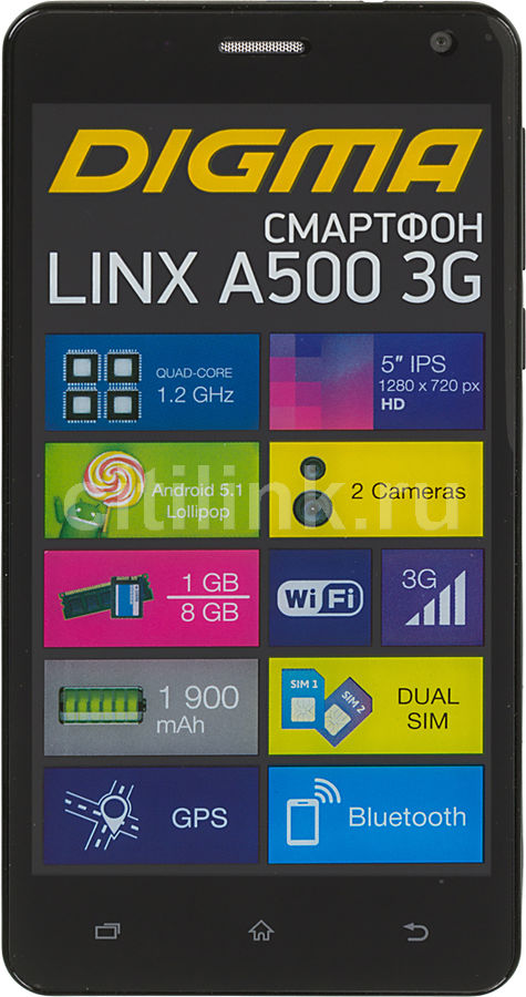 Смартфон DIGMA A500 3G Linx графит Смартфон DIGMA A500 3G Linx графитМобильные телефоны<br>ОС Android 5.1, экран: 5, IPS, 1280x720, процессор: MediaTek MTK6580, 1200МГц, 4-х ядерный, камера: 5Мп, FM-радио, GPS<br><br>Цвет: графит