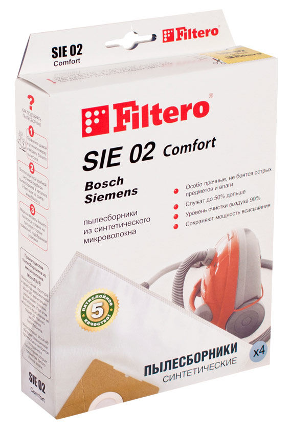 Пылесборники FILTERO SIE 02 Comfort, пятислойные, 4 Пылесборники FILTERO SIE 02 Comfort, пятислойные, 4Аксессуары для пылесосов<br>Пылесборники Filtero Comfort произведены из 5-ти слойного синтетического микроволокна. В отличие от бумажных мешков, Filtero Comfort не рвутся, не боятся острых предметов и влаги, собирают больше пыли (до 50%).<br>