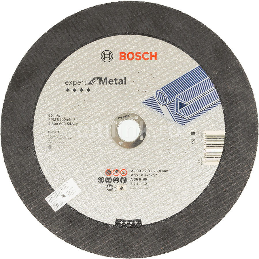 Отрезной диск BOSCH 2608600542, по металлу, 300мм Отрезной диск BOSCH 2608600542, по металлу, 300ммКруги, диски, фрезы<br>диаметр диска: 300 мм, назначение: угловые шлифмашины, посадочный диаметр: 25.4мм, толщина: 2.8мм<br>