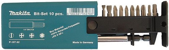 Набор бит MAKITA P-16782, 10шт Набор бит MAKITA P-16782, 10штНаборы бит и сверл<br>Насадка с крестовой отверткой Ph2 2 шт, Pz1, Pz2 2 шт; насадка с плоской отверткой 0,6 х 4,5; 1,2 х 6,5; удлинитель-переходник для стандартных насадок; насадка с отверткой Torx T15, T25<br>