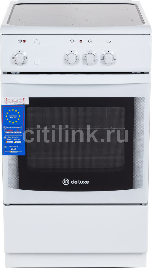 Электрическая плита DE LUXE 506003.04эс, стеклокерамика, белый Электрическая плита DE LUXE 506003.04эс, стеклокерамика, белыйЭлектрические плиты<br>материал рабочей поверхности: стеклокерамика, объем духовки: 54л, индикация остаточного тепла, цвет: белый<br><br>Цвет: белый