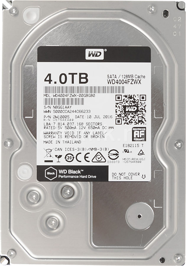Жесткий диск WD Black WD4004FZWX, 4Тб, HDD, SATA III, 3.5 Жесткий диск WD Black WD4004FZWX, 4Тб, HDD, SATA III, 3.5Жесткие диски<br>форм-фактор 3.5; тип: HDD; интерфейс: SATA III; объём: 4Тб; скорость вращения шпинделя 7200об/мин; буферная память 128Мб<br><br>Линейка: Black