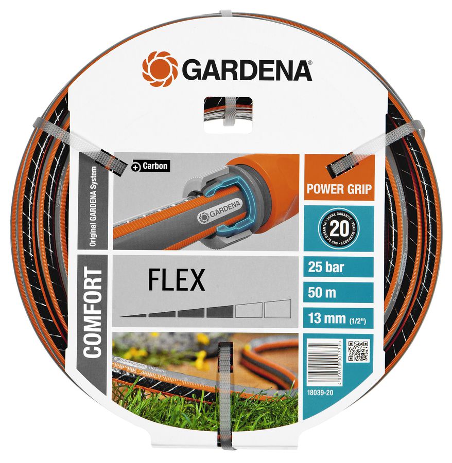 Шланг Gardena Flex 1/2 50м (18039-20.000.00) Шланг Gardena Flex 1/2 50м (18039-20.000.00)Поливочное оборудование<br>Шланг GARDENA FLEX c ребристым профилем Power Grip для идеального соединения с коннектором Базовой системы полива. Благодаря спиралевидному текстильному армированию, усиленному углеродными волокнами, шланг стал устойчивее к высокому давлению и сохранению формы.<br>