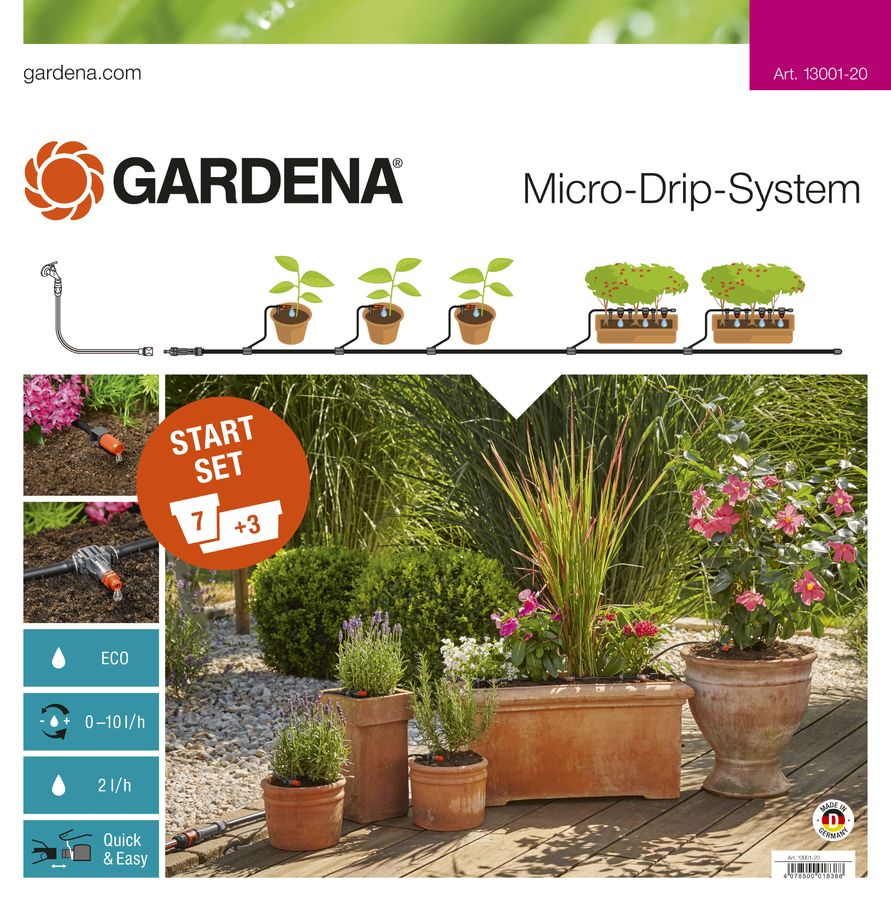 Набор для полива Gardena (13001-20.000.00) Набор для полива Gardena (13001-20.000.00)Поливочное оборудование<br>Базовый комплект предназначен для микрокапельного полива, который может применяться в различных целях. Комплект может использоваться для полива семи горшечных растений и трех цветочных ящиков, но в любом случае это оптимальный набор инструментов для создания базовой системы микрокапельного полива.<br>