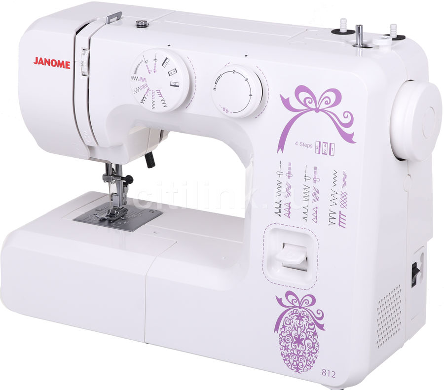 Швейная машина JANOME 812 белый Швейная машина JANOME 812 белыйШвейные машины<br>электромеханическая, кол-во строчек 19, челнок: классический (вертикальный качающийся), выполнение петель: полуавтоматическое, рукавная платформа, реверс, подсветка<br><br>Цвет: белый