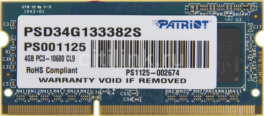 Модуль памяти PATRIOT PSD34G133382S DDR3 - 4Гб 1333, SO-DIMM, Ret Модуль памяти PATRIOT PSD34G133382S DDR3 - 4Гб 1333, SO-DIMM, RetМодули памяти<br>204-pin; частота: 1333; латентность: CL9; форм-фактор: SO-DIMM; тип поставки: Ret<br>