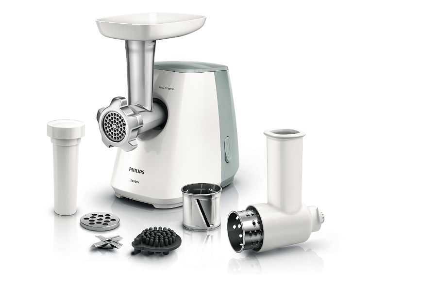 Мясорубка PHILIPS HR2711/20, белый / серый Мясорубка PHILIPS HR2711/20, белый / серыйМясорубки<br>мощность 1600Вт, производительность 1.7кг/мин; количество скоростей - 1; насадка-терка; насадка для шинковки; материал лотка - пластик; цвет - белый<br><br>Цвет: белый