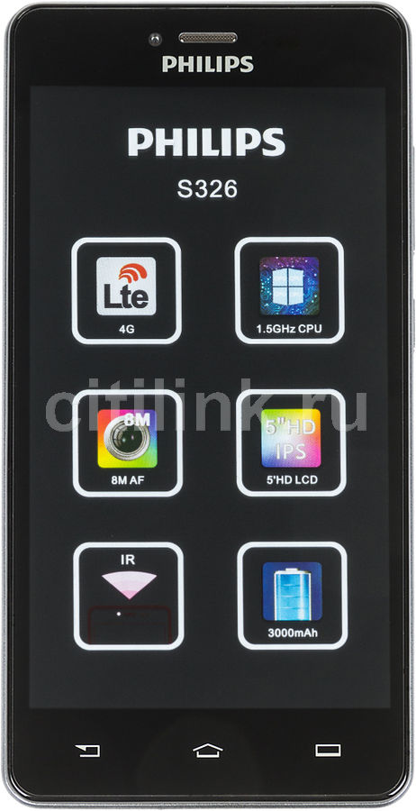 Смартфон PHILIPS S326 серый Смартфон PHILIPS S326 серыйМобильные телефоны<br>ОС Android 5.1, экран: 5, IPS, 1280x720, процессор: 1500МГц, 4-х ядерный, камера: 8Мп, GPS, время работы в режиме разговора, до: 30ч, в режиме ожидания, до: 650ч<br><br>Цвет: серый