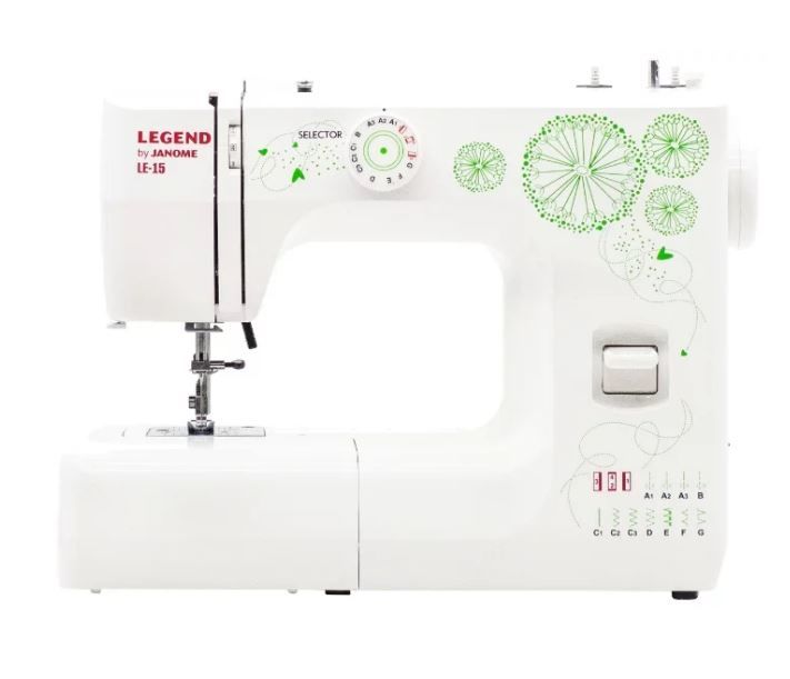 Швейная машина JANOME Legend LE15 белый Швейная машина JANOME Legend LE15 белыйШвейные машины<br>электромеханическая, челнок: классический (вертикальный качающийся), выполнение петель: полуавтоматическое, рукавная платформа, реверс<br><br>Линейка: Legend<br>Цвет: белый