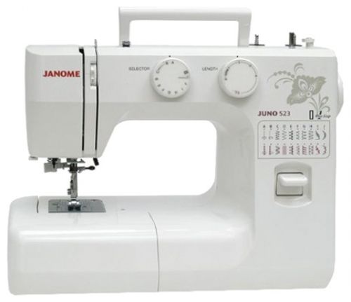 Швейная машина JANOME Juno 523 белый Швейная машина JANOME Juno 523 белыйШвейные машины<br>электромеханическая, челнок: вертикальный, выполнение петель: автоматическое, рукавная платформа, нитевдеватель, реверс, ручка для переноски<br><br>Линейка: Juno<br>Цвет: белый