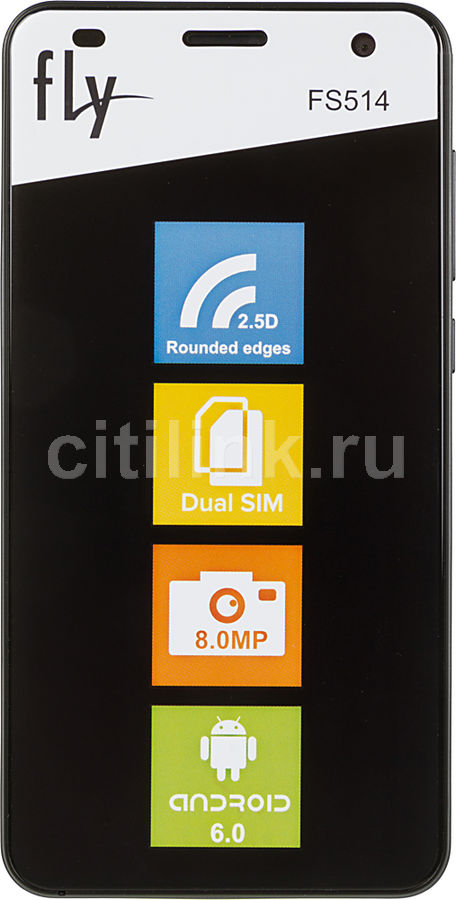 Смартфон FLY Cirrus 8 FS514 черный Смартфон FLY Cirrus 8 FS514 черныйМобильные телефоны<br>ОС Android 6.0, экран: 5, IPS, 1280x720, процессор: MediaTek MT6580A, 1300МГц, 4-х ядерный, камера: 8Мп, FM-радио, GPS, время работы в режиме разговора, до: 7ч, в режиме ожидания, до: 150ч<br><br>Цвет: черный