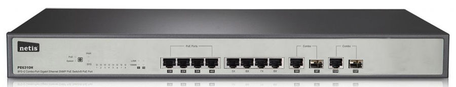 Коммутатор NETIS PE6310H Коммутатор NETIS PE6310HКоммутаторы<br>управляемый, монтируемый в 19 стойку, порты 10-100Base-TX: 8 шт., из них комбо-порты 1000BASE-T/Mini GBIC (SFP): 2 шт.<br>