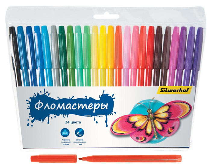 Фломастеры Silwerhof 877064-24 Бабочки 7.8мм 141мм (толщина линии 1мм) Невентилируемый 24цв. пакет с Фломастеры Silwerhof 877064-24 Бабочки 7.8мм 141мм (толщина линии 1мм) Невентилируемый 24цв. пакет сФломастеры, маркеры<br>количество цветов: 24<br><br>Линейка: Бабочки
