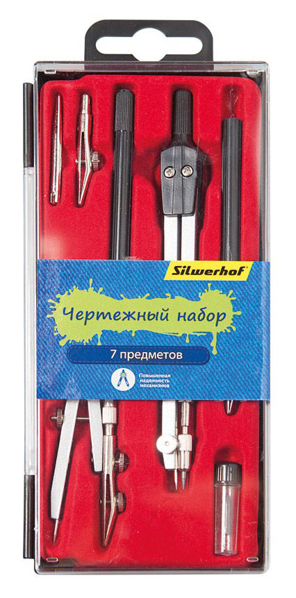 Готовальня Silwerhof 540116 в компл.:циркуль/кронциркуль/грифель/рейсф.вставка и вставка в сборе/иго Готовальня Silwerhof 540116 в компл.:циркуль/кронциркуль/грифель/рейсф.вставка и вставка в сборе/игоЧертежные принадлежности<br>комплектация: циркуль/кронциркуль/грифель/рейсф.вставка и вставка в сборе/игольная вставка/рейсф.ручка<br>