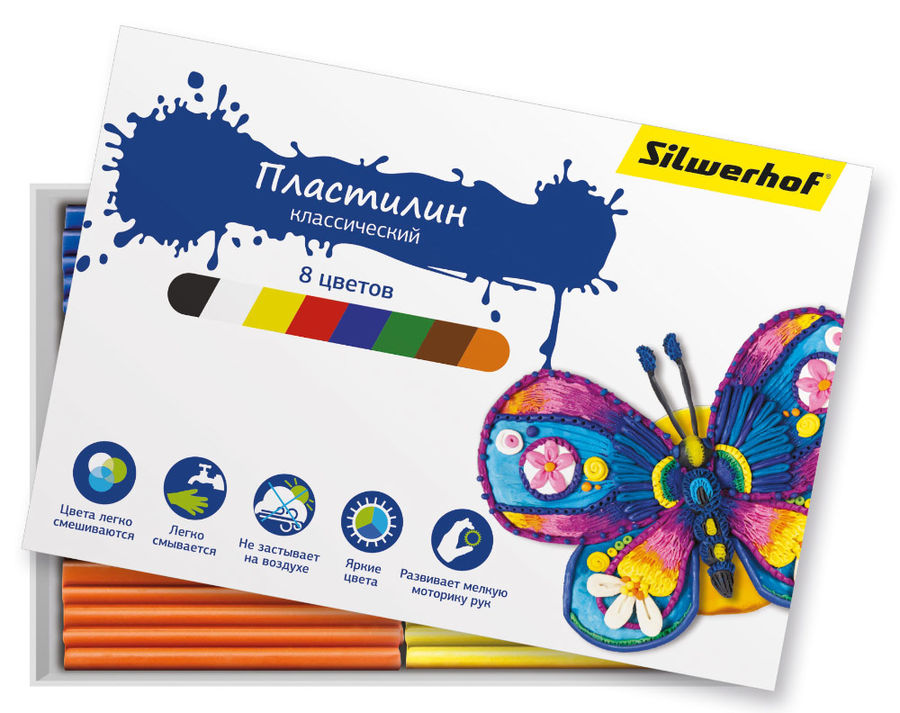 Пластилин Silwerhof 956147-08 Бабочки 8цв. 120гр. картон.кор. Пластилин Silwerhof 956147-08 Бабочки 8цв. 120гр. картон.кор.Товары для творчества<br>Бабочки, 8 цветов, картонная коробка<br>