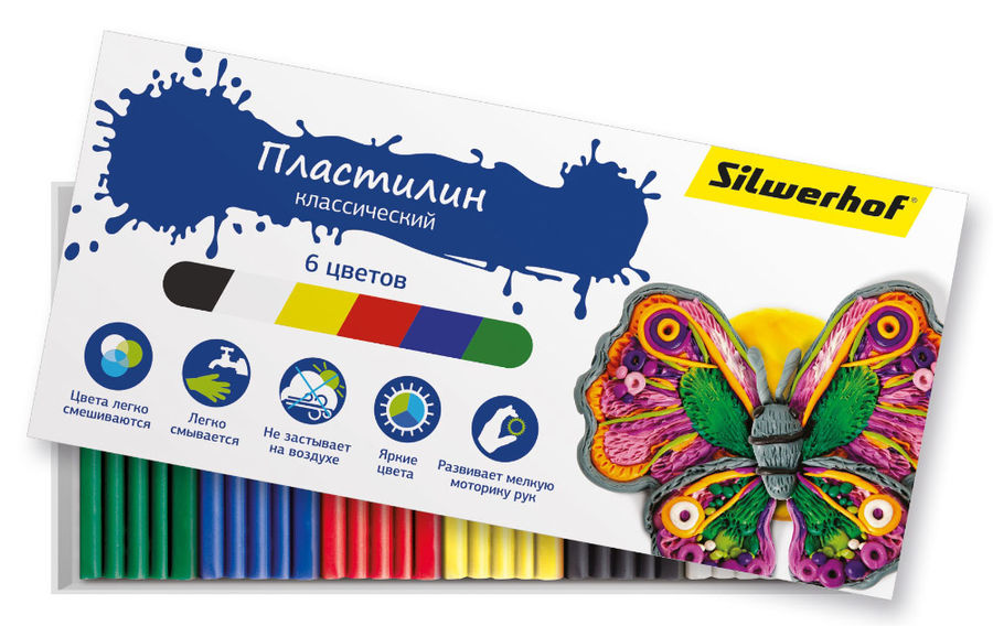 Пластилин Silwerhof 956147-06 Бабочки 6цв. 90гр. картон.кор. Пластилин Silwerhof 956147-06 Бабочки 6цв. 90гр. картон.кор.Товары для творчества<br>Бабочки, 6 цветов, картонная коробка<br>