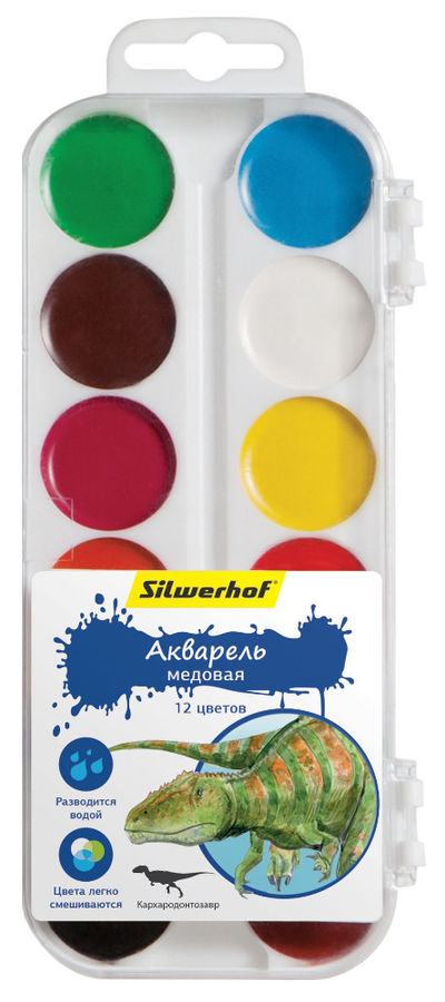 Краски акварельные Silwerhof 961125-12 Динозавры медовые 12цв. без кисти пласт.пен./европод. Краски акварельные Silwerhof 961125-12 Динозавры медовые 12цв. без кисти пласт.пен./европод.Рисование<br>12 цветов<br>
