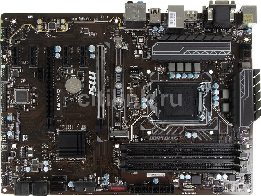 Материнская плата MSI Z270-A PRO LGA 1151, ATX, Ret Материнская плата MSI Z270-A PRO LGA 1151, ATX, RetМатеринские платы<br>гнездо процессора: LGA 1151; чипсет Intel Z270; память DDR4 - 4слота; частотой до 2400МГц; поддержка: CrossFire; SATA RAID, тип поставки: Ret; ATX<br>
