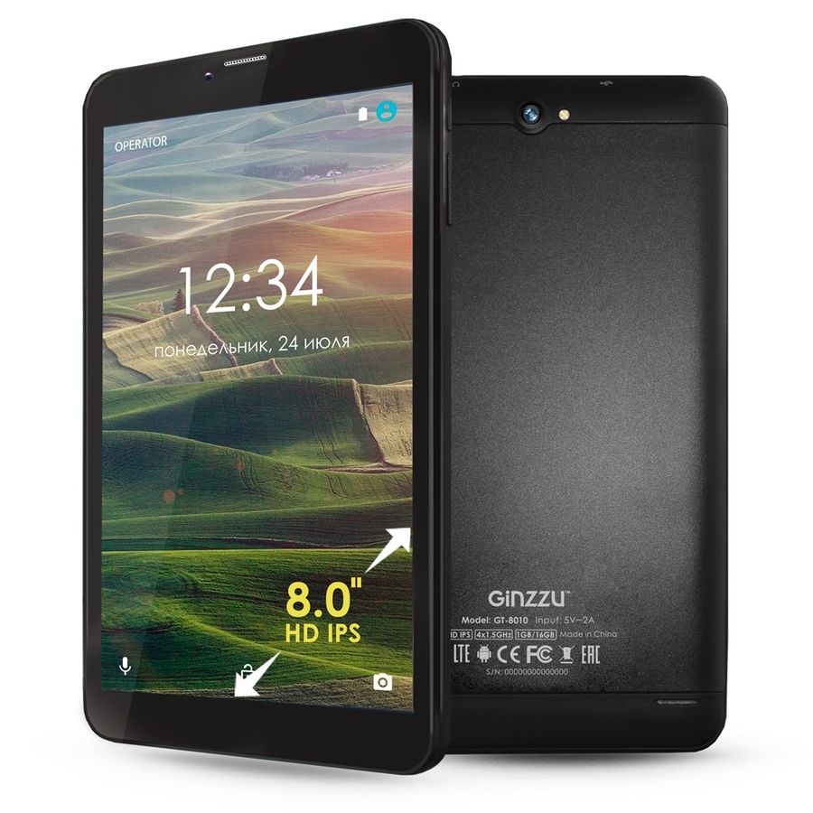 Планшет GINZZU GT-8010 rev.2, 1GB, 8GB, 3G, 4G, Android 6.0 черный Планшет GINZZU GT-8010 rev.2, 1GB, 8GB, 3G, 4G, Android 6.0 черныйПланшеты<br>Multitouch, диагональ: 8 (20.32 см), разрешение: 1280 x 800, поддержка 3G, поддержка 4G, Wi-Fi, Bluetooth, GPS, основная камера: 5Мп, фронтальная камера: 5Мп, чехол в комплекте, объём встроенной памяти: 8Гб, операционная система: Android 6.0<br><br>Цвет: черный