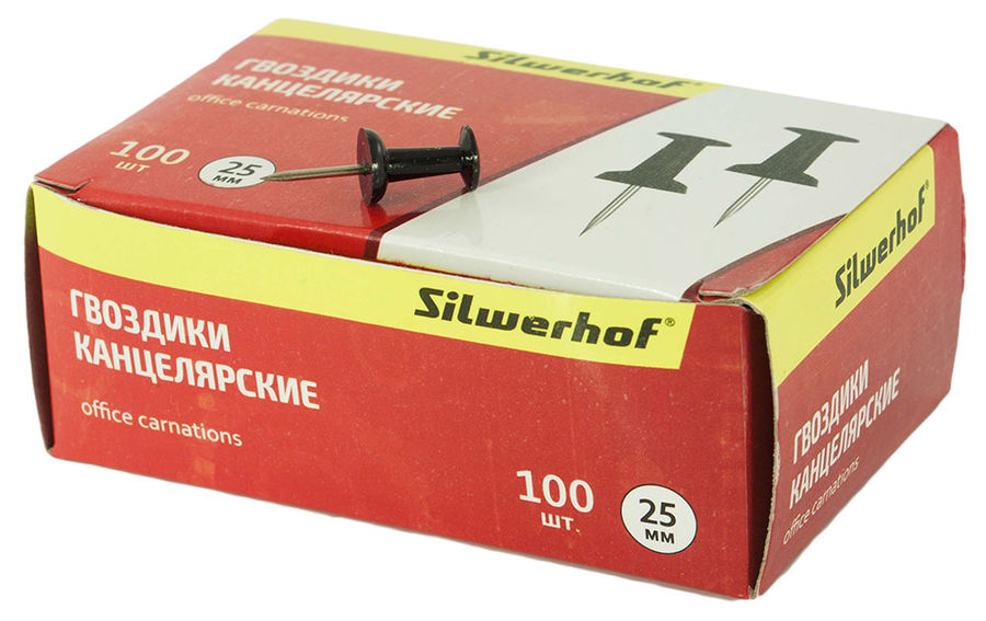 Гвоздики Silwerhof 502016 металл черный (упак.:100шт) картонная коробка Гвоздики Silwerhof 502016 металл черный (упак.:100шт) картонная коробкаСкрепки, кнопки, зажимы<br>материал: металл<br><br>Материал: металл<br>Цвет: черный