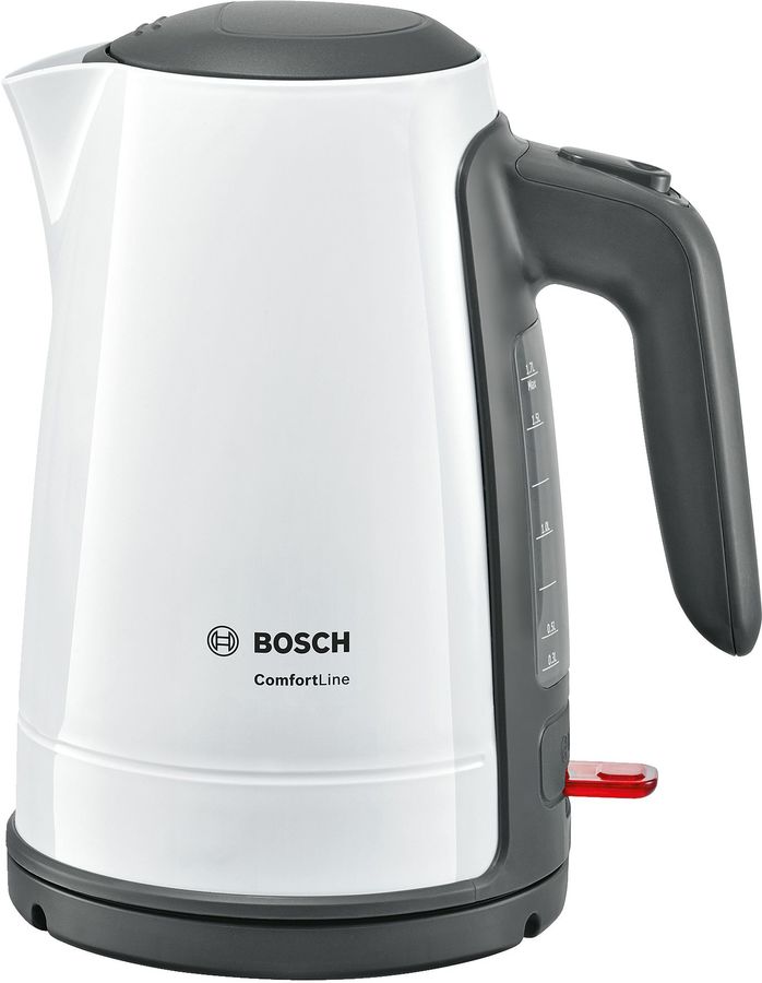 Чайник электрический BOSCH TWK6A011, 2400Вт, белый и черный Чайник электрический BOSCH TWK6A011, 2400Вт, белый и черныйЧайники электрические<br>мощность - 2400Вт; объем - 1.7л; корпус - пластик; фильтр от накипи, цвет - белый<br><br>Цвет: белый