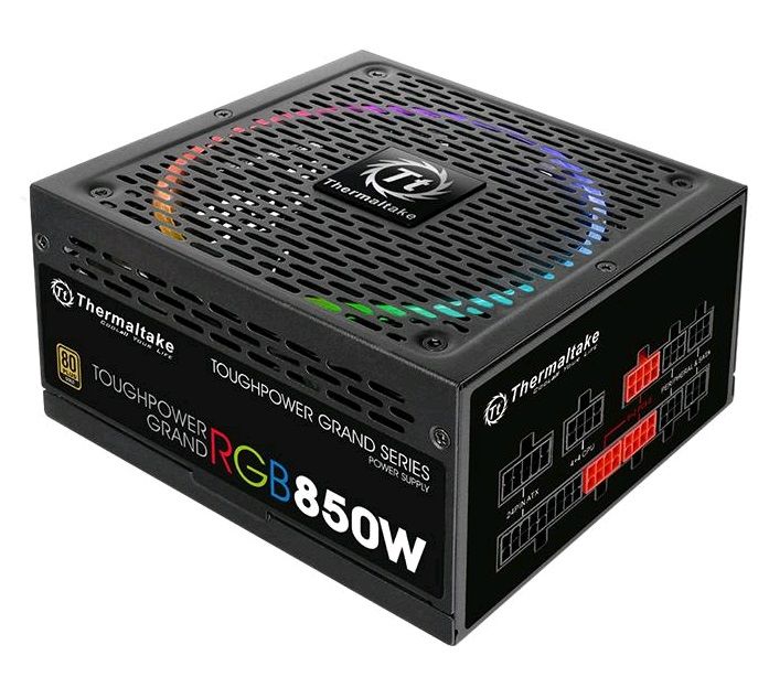 Блок питания THERMALTAKE Toughpower Grand RGB, 850Вт, 140мм, черный, retail Блок питания THERMALTAKE Toughpower Grand RGB, 850Вт, 140мм, черный, retailБлоки питания<br>АТХ12V v2.4/EPSv2.92; размер вентилятора 140мм; мощность: 850Вт; активный PFC; стандарт 80 PLUS GOLD; питание MB и CPU: 24+4+4 pin; питание видеокарты: 6х(6+2) pin; разъемы Molex: 4шт; разъемы SATA: 12шт; отсоединяющиеся кабели; подсветка вентилятора; cетевой кабель в комплекте; цвет: черный; тип поставки Ret<br><br>Цвет: черный