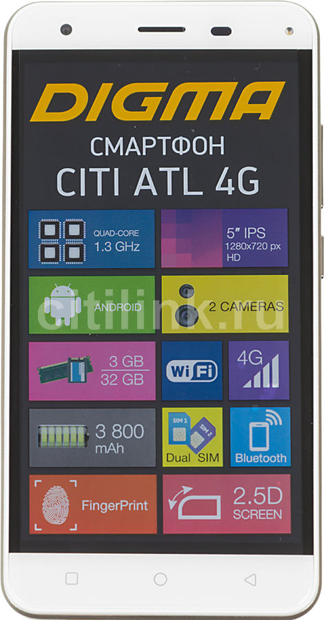 Смартфон DIGMA ATL 4G CITI белый Смартфон DIGMA ATL 4G CITI белыйМобильные телефоны<br>ОС Android 7.0, экран: 5, IPS, 1280x720, процессор: MediaTek MT6737, 1300МГц, 4-х ядерный, камера: 13Мп, FM-радио, GPS<br><br>Цвет: белый