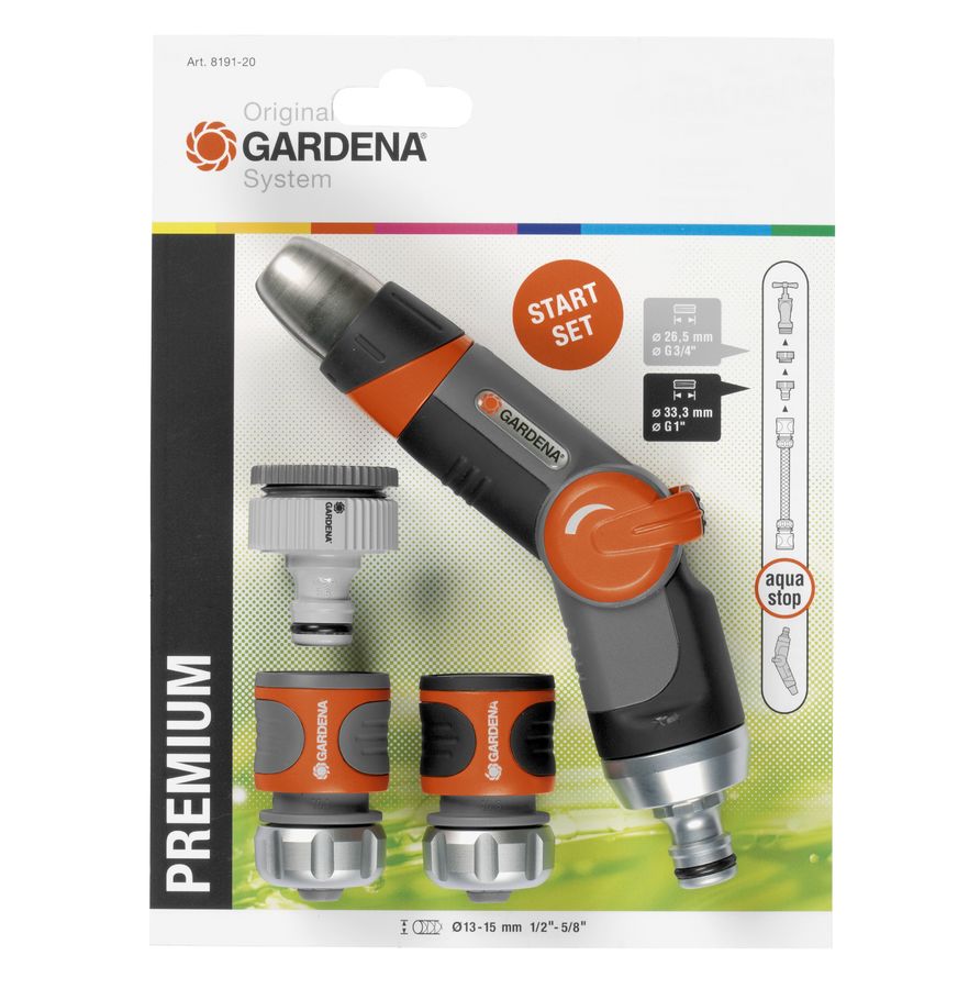 Комплект полива Gardena Premium (08191-20.000.00) Комплект полива Gardena Premium (08191-20.000.00)Поливочное оборудование<br>Комплект базовый Premium включает набор элементов для взыскательных пользователей. В такой комплект входит штуцер с адаптером (арт. 902-50 и арт. 5305-20), коннектор Premium (арт. 8166-30), коннектор с автостопом Premium (арт. 8168-30) и наконечник для полива регулируемый Premium (арт. 8153-20).<br>
