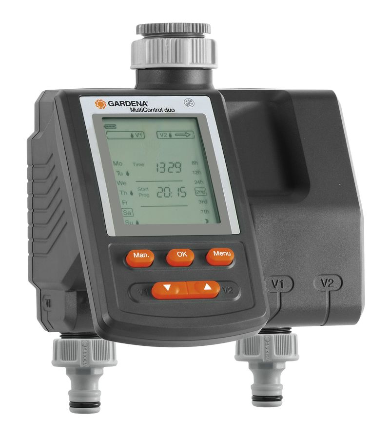 Таймер Gardena MultiControl duo (01874-29.000.00) Таймер Gardena MultiControl duo (01874-29.000.00)Поливочное оборудование<br>Удобная модель для автоматического полива двух участков сада. Большой дисплей для удобства программирования. Панель управления можно отсоединить для облегчения программирования. Для каждого выхода можно запрограммировать до 3 циклов полива в сутки.<br>