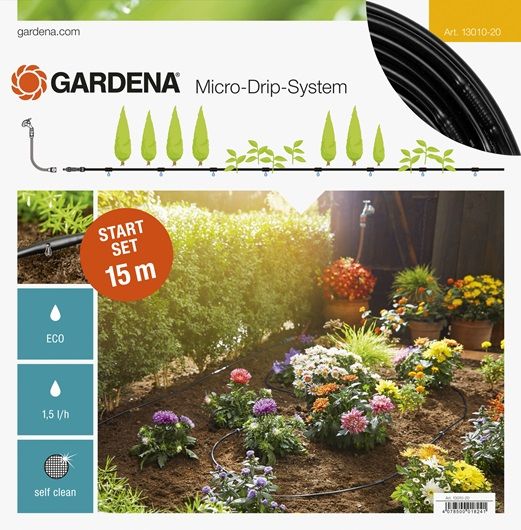 Комплект полива Gardena 13010-20.000.00 Комплект полива Gardena 13010-20.000.00Поливочное оборудование<br>Комплект полива 1xМастер-блок 1000, 15 м Подающий шланг 4.6 мм (3/16), 15x Колышки для шланга 13 мм (1/2), 1x Заглушка 4.6 мм (3/16).<br>