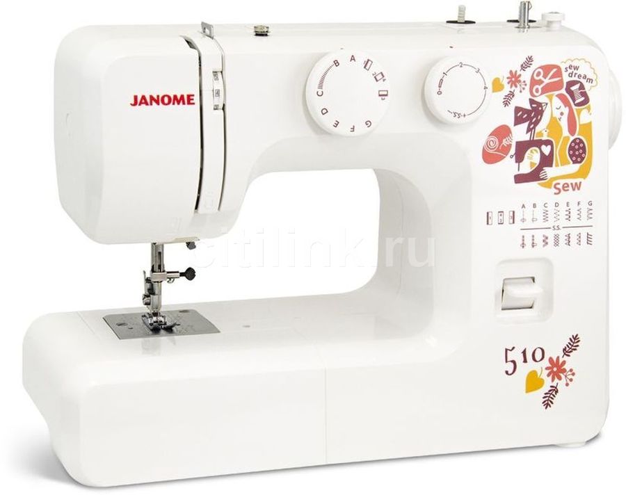 Швейная машина JANOME Sew dream 510 белый Швейная машина JANOME Sew dream 510 белыйШвейные машины<br>электромеханическая, челнок: классический (вертикальный качающийся), выполнение петель: полуавтоматическое, реверс<br><br>Линейка: Sew dream<br>Цвет: белый