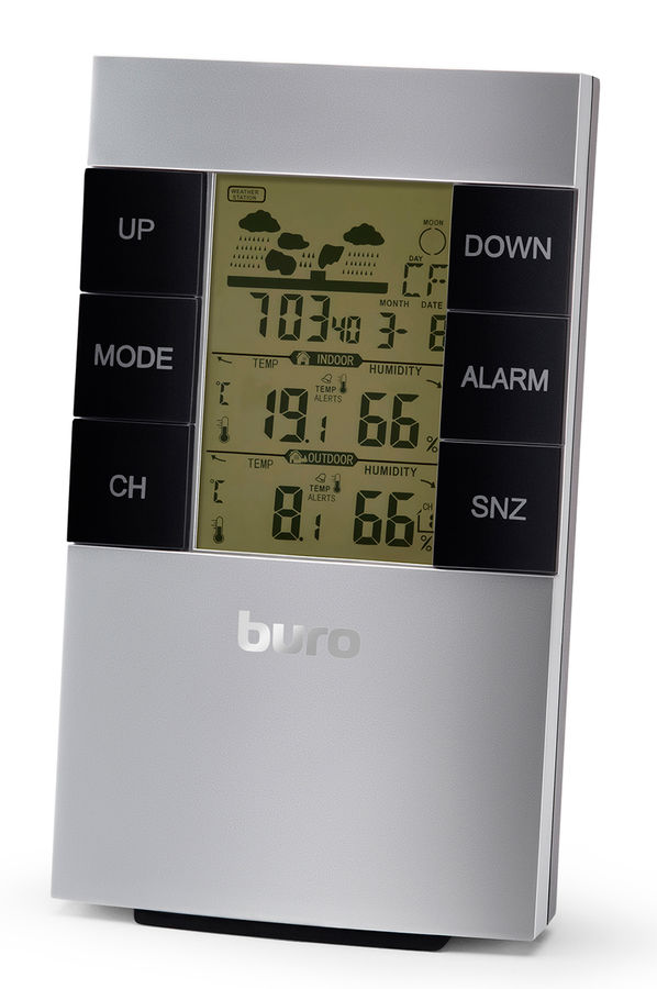 Погодная станция BURO H146G, серебристый Погодная станция BURO H146G, серебристыйПогодные станции<br>термо/гидродатчик 1; радиус действия датчиков 80м; отображение фаз луны; календарь; часы; будильник; цвет - серебристый<br>