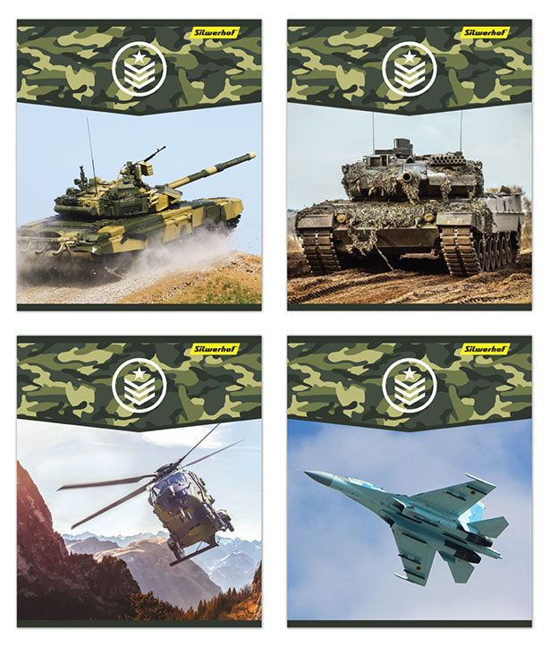 Тетрадь Silwerhof 811506-55 48л. клет. A5 Военная техника 4диз. картон вод.лак скрепка Тетрадь Silwerhof 811506-55 48л. клет. A5 Военная техника 4диз. картон вод.лак скрепкаТетради и блокноты<br><br>