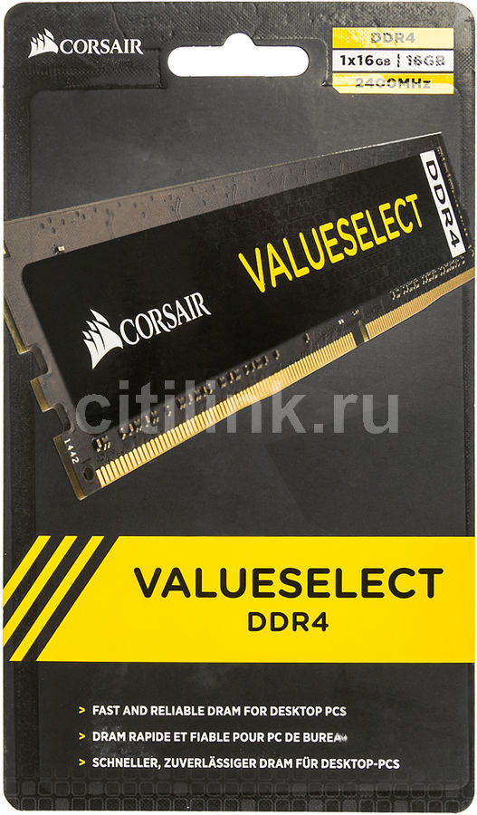 Модуль памяти CORSAIR Value Select CMV16GX4M1A2400C16 DDR4 - 16Гб 2400, DIMM, Ret Модуль памяти CORSAIR Value Select CMV16GX4M1A2400C16 DDR4 - 16Гб 2400, DIMM, RetМодули памяти<br>288-pin; частота: 2400; латентность: CL16; форм-фактор: DIMM; тип поставки: Ret<br><br>Линейка: Value Select