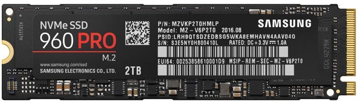 SSD накопитель SAMSUNG 960 Pro MZ-V6P2T0BW 2Тб, M.2 2280, PCI-E x4 SSD накопитель SAMSUNG 960 Pro MZ-V6P2T0BW 2Тб, M.2 2280, PCI-E x4Жесткие диски SSD<br>скорость чтения, до: 3500Мб/с; скорость записи, до: 2100Мб/с; интерфейс: PCI-E x4; тип памяти: V-NAND; форм-фактор: M.2 2280; TBW: 1200 ТБ; поддержка NVMe<br><br>Линейка: 960 Pro