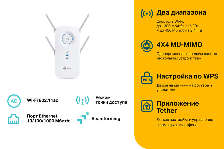 Повторитель беспроводного сигнала TP-LINK RE650, белый Повторитель беспроводного сигнала TP-LINK RE650, белыйМаршрутизаторы<br>Благодаря 4 внешним двухдиапазонным антеннам RE650 устанавливает стабильное Wi-Fi подключение с любым роутером и расширяет покрытие до 1300 м2. Двухъядерный 880 МГц процессор обеспечивает мощный Wi-Fi, позволяя смартфонам и планшетам оставаться подключёнными при передвижении по всему дому.<br><br>Цвет: белый