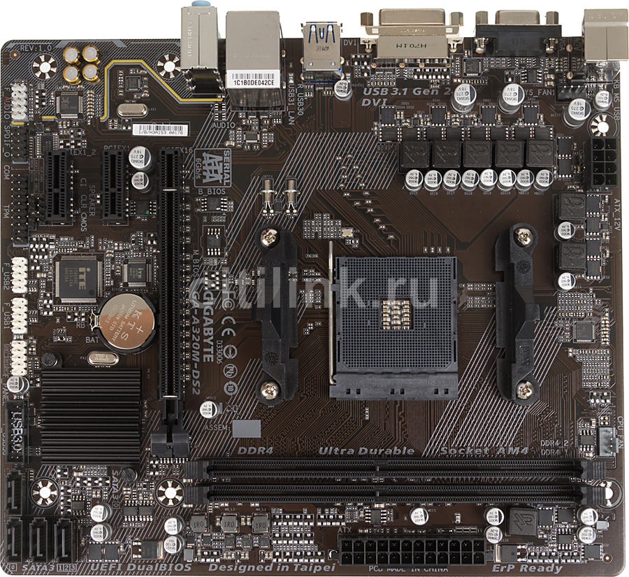 Материнская плата GIGABYTE GA-A320M-DS2 SocketAM4, mATX, Ret Материнская плата GIGABYTE GA-A320M-DS2 SocketAM4, mATX, RetМатеринские платы<br>гнездо процессора: SocketAM4; чипсет AMD A320; память DDR4 - 2слота; частотой до 2667МГц; SATA RAID, тип поставки: Ret; mATX<br>